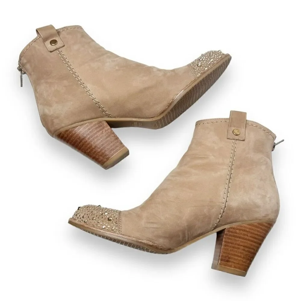 Stuart Weitzman Women’s Gold Studded Cap Toe Zip Taupe Suede Ankle Boots 5.5 M